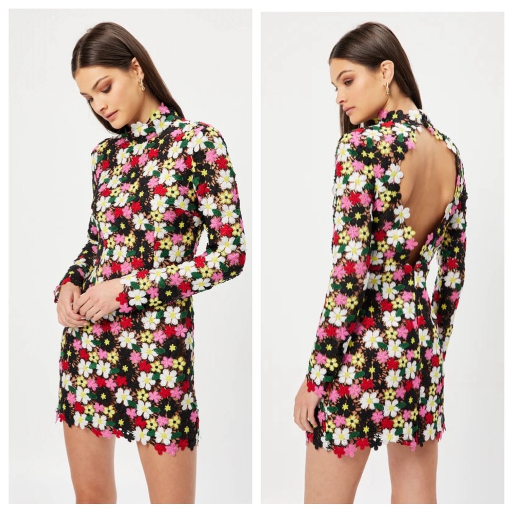 NWT Elliatt Cay Dress S 3D Floral Crochet Open Back Long Sleeve Mini